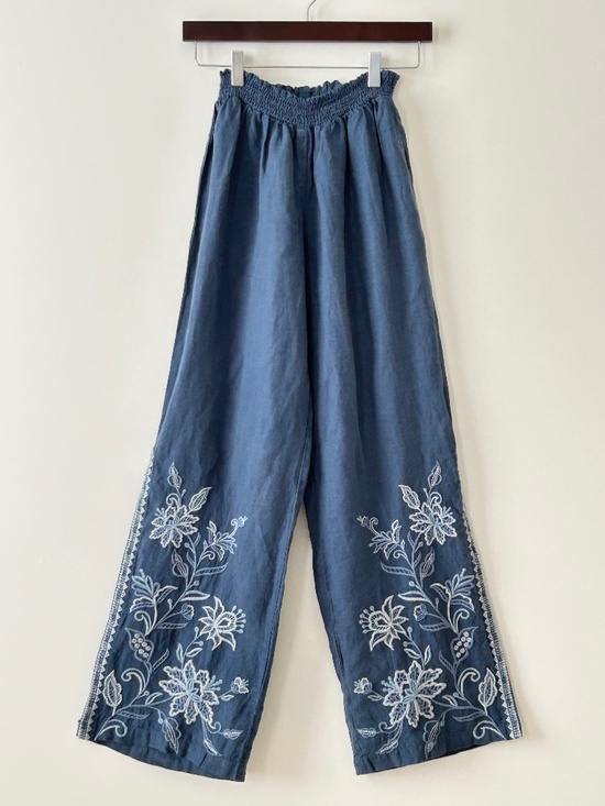 Johnny Was Pants - Johnny Was 100% Linen Blue Embroidered Wide Leg Side Slit Pants